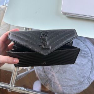 Saint Laurent Black Quilted Textured Leather Envelope Wallet with YSL Logo